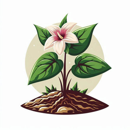 Illustration of a white flower growing in the ground with green leavesのイラスト素材