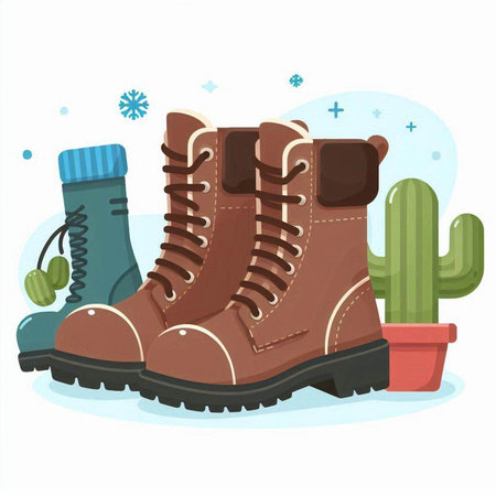 Winter boots and cactus. Vector illustration on a white background.のイラスト素材