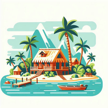 Tropical island with bungalows and palm trees. Vector illustrationのイラスト素材