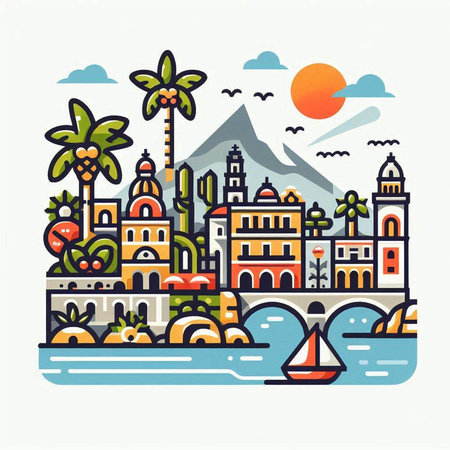 Cinque Terre, Italy. Colorful flat vector illustrationのイラスト素材