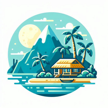 Vector illustration of a bungalow in the middle of a tropical island.のイラスト素材