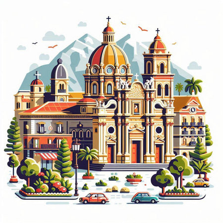 Vector illustration of Santa Maria della Salute church on the background of mountains.のイラスト素材