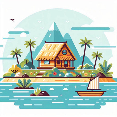 Wooden house on the beach. Vector illustration in flat style.のイラスト素材