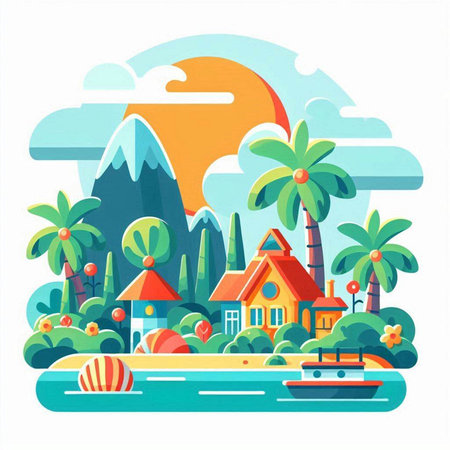 Summer vacation concept vector illustration in flat style. Landscape with tropical island, palm trees, sea, house, boat.のイラスト素材