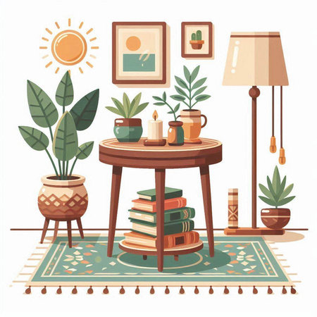Cozy living room interior with furniture and plants. Vector illustration.のイラスト素材