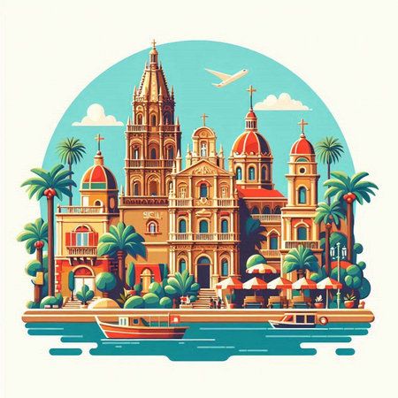 Seville Spain landmark on the background of the sea. Vector illustrationのイラスト素材