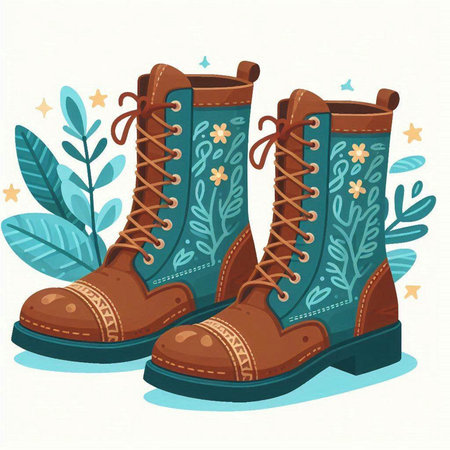Vector illustration of a pair of hiking boots with leaves and flowers.のイラスト素材