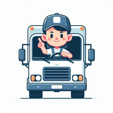 Illustration of a cartoon delivery man in uniform driving a bus.のイラスト素材