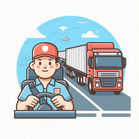 Vector illustration of a delivery man driving a truck on the road.のイラスト素材