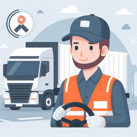 Courier in uniform driving a truck. Vector flat design illustrationのイラスト素材