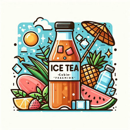 Vector illustration of a bottle of orange juice with ice cubes, watermelon and pineapple on the background of the sea.のイラスト素材