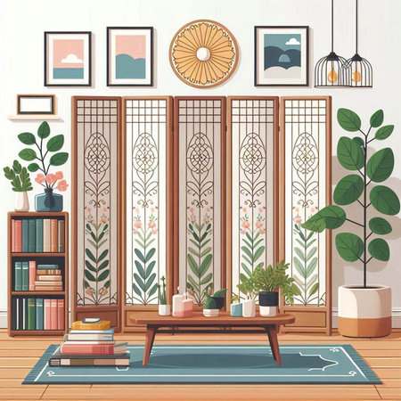 Interior design of living room with furniture and plants. Vector illustrationのイラスト素材