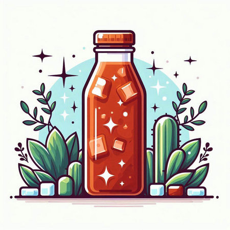 Bottle of soda with ice cubes and leaves. Vector illustration.のイラスト素材