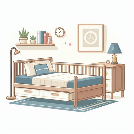 Vector illustration of a children's bedroom with a bed and a lampのイラスト素材