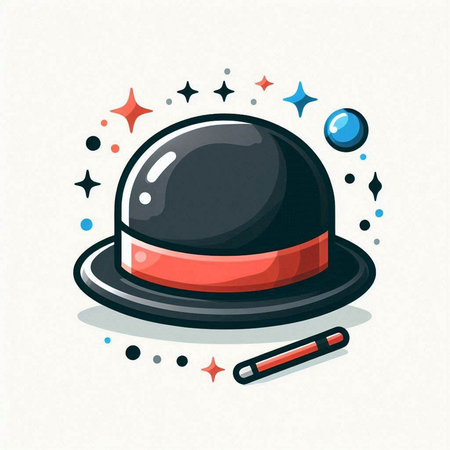 Illustration of a magician hat with magic wand. Vector illustration.のイラスト素材