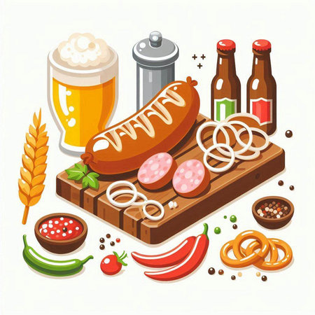 Beer and sausages on wooden cutting board. Vector illustration.のイラスト素材