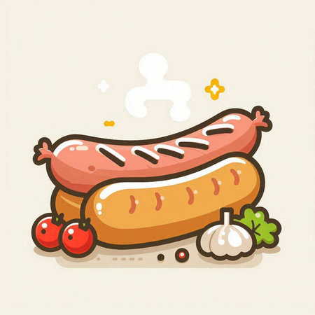 Illustration of grilled sausage with spices and vegetables on a light backgroundのイラスト素材