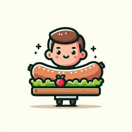 cute boy eating hot dog cartoon vector illustration. flat design.のイラスト素材