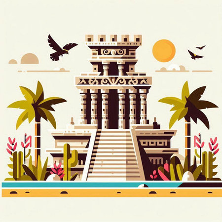 Ancient Greek temple with palm trees and cactuses, vector illustrationのイラスト素材