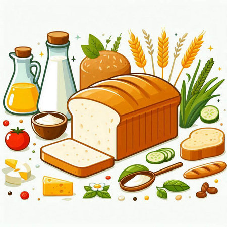 Vector illustration of a loaf of bread with ingredients for cooking, milk, butter, eggs, cerealsのイラスト素材