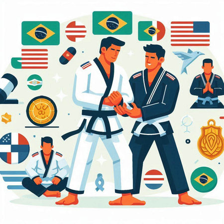 Taekwondo sport vector flat illustration. Karate and taekwondo training.のイラスト素材
