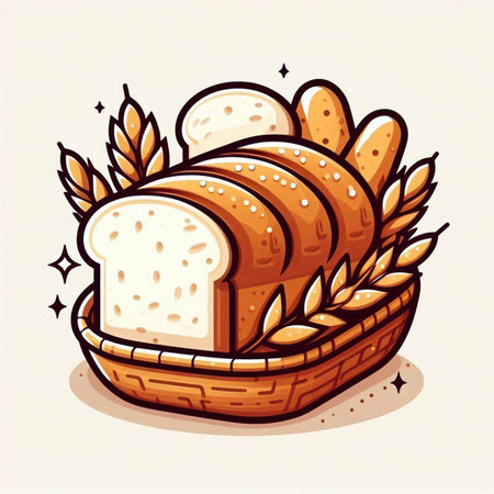 Bread vector illustration. Basket with bread and wheat ears.のイラスト素材