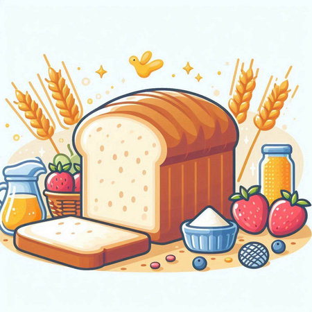 Illustration of a slice of bread with ingredients in the background.のイラスト素材