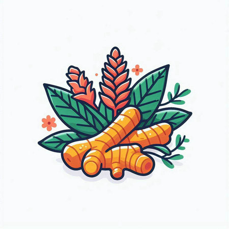 Ginger root and leaves vector illustration. Hand drawn ginger root and leaves.のイラスト素材
