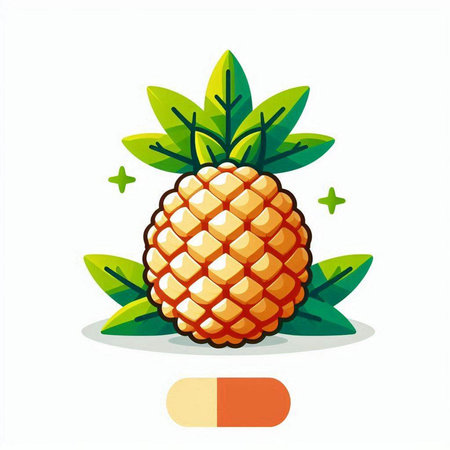 Pineapple fruit with green leaves and a pill. Vector illustration.のイラスト素材
