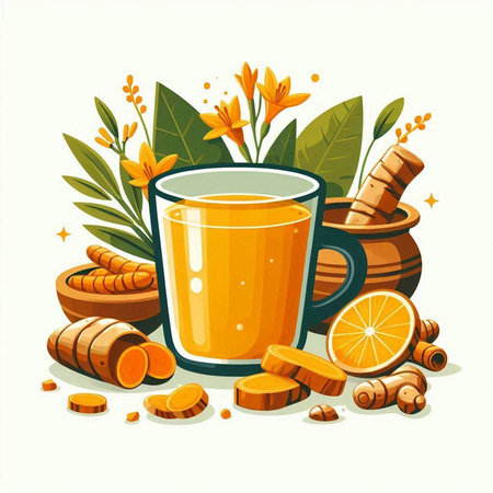 Cup of fresh turmeric tea with ginger and lemon. Vector illustration.のイラスト素材