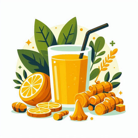 Vector illustration of a glass of orange juice with a straw, ginger, lemon and leaves.のイラスト素材