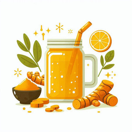 Mug of turmeric smoothie and ingredients. Vector illustration.のイラスト素材