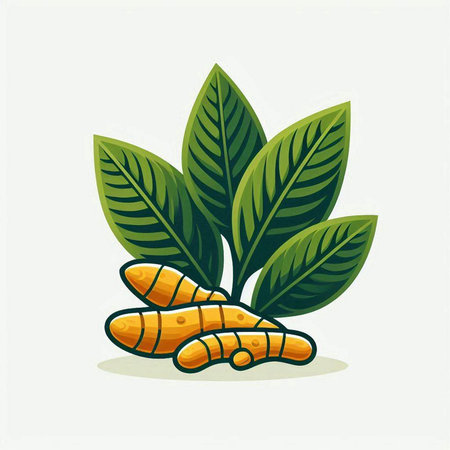 Turmeric root and leaves vector illustration. Isolated on white background.のイラスト素材