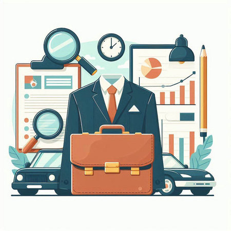 Businessman with briefcase and car. Vector illustration in flat styleのイラスト素材