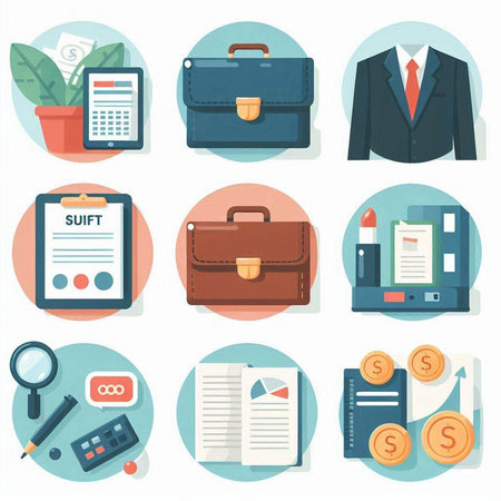Business and finance icons set with briefcase and documents in flat styleのイラスト素材