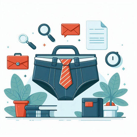 Vector illustration with briefcase and office supplies on a white background.のイラスト素材