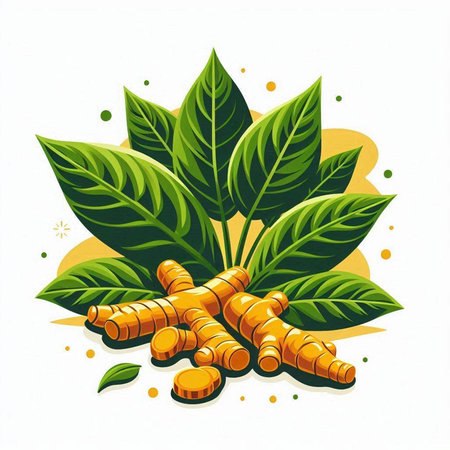 Turmeric root and leaves on a white background. Vector illustration.のイラスト素材