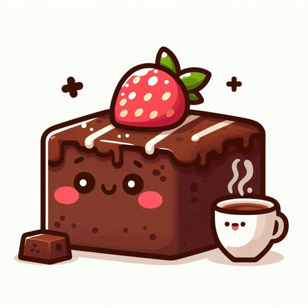 Vector illustration of a chocolate cake with strawberry and cup of coffee.のイラスト素材