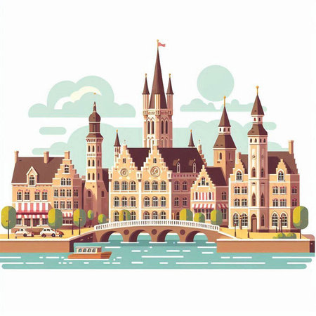 Bruges city, Belgium, Europe. Vector illustration in flat style.のイラスト素材