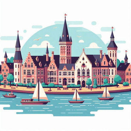 Bruges, Belgium, Europe. Vector illustration in flat styleのイラスト素材