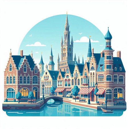 Bruges, Belgium, Europe. Colorful vector illustration.のイラスト素材