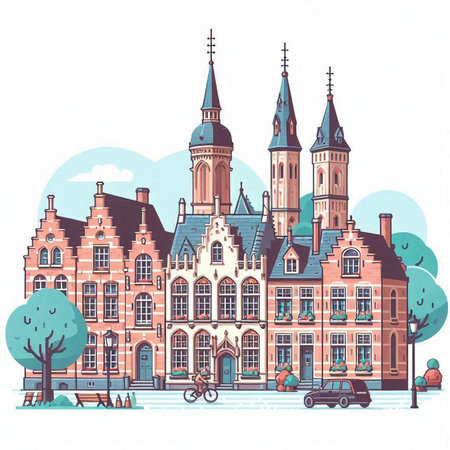 Amsterdam, Netherlands. Colorful hand drawn vector illustration in vintage style.のイラスト素材
