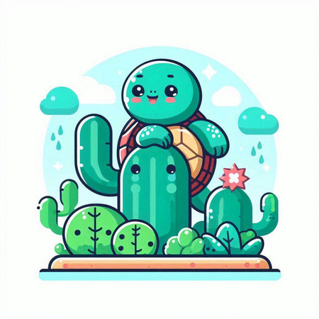 Cute cartoon turtle on the background of cacti. Vector illustrationのイラスト素材