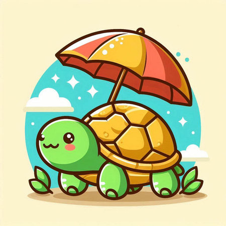 Cute Turtle with Umbrella and Rain Cloud. Vector Illustrationのイラスト素材
