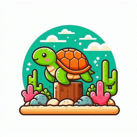 Cute turtle on a stump in the desert. Vector illustration.のイラスト素材