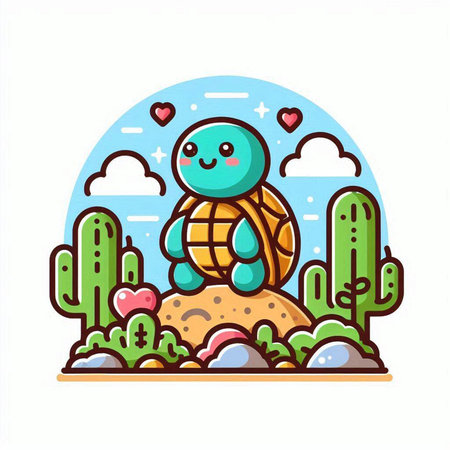 Cute turtle in the desert. Vector illustration in a flat styleのイラスト素材