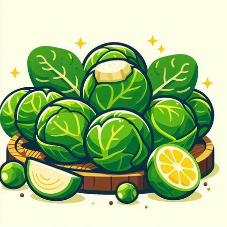 Brussels sprouts on a wooden plate. Vector illustration.のイラスト素材