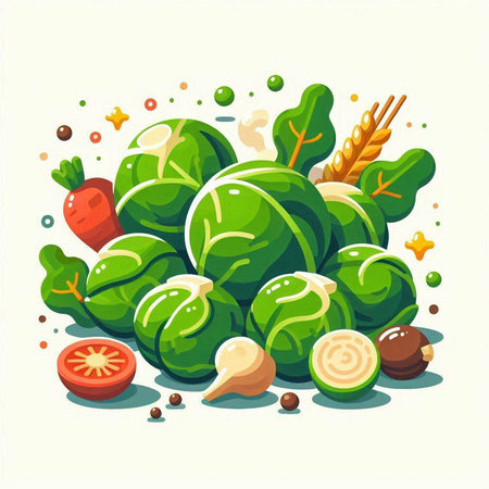 Vector illustration of Brussels sprouts with vegetables, herbs and spices.のイラスト素材