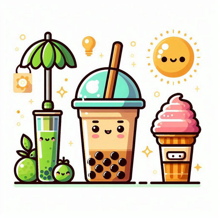Vector illustration of a set of cartoon ice cream, bubble tea, smoothie.のイラスト素材