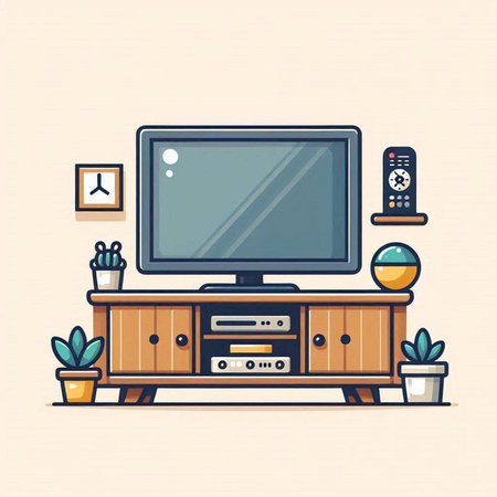 TV on the cabinet in the living room. Flat style vector illustration.のイラスト素材